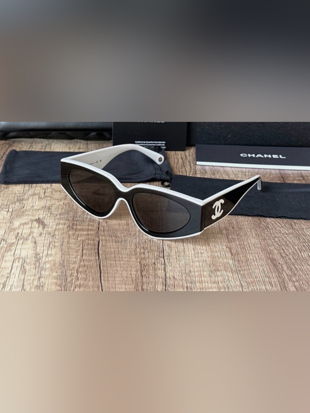 CHANEL Black & White Cat-Eye Sunglasses with CC Logo